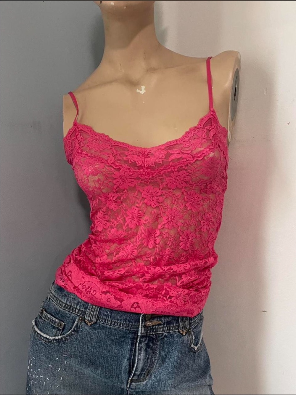 Yahada Floral Lace Sheer Cami in Hot Pink